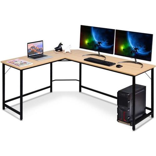 Costway Bureau D?Angle Grand L168 X L125 X H74cm-Jusqu'à 3 Ordinateurs Avec Support Cpu Style Industriel, Structure En Métal Naturel