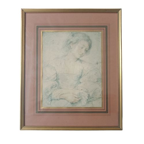 Ancien Dessin Portrait Jeune Femme Aux Mains Croisées - Peter Paul Rubens (1577-1640)