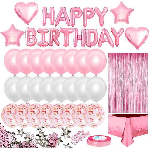 BEO Décorations d'anniversaire fille ballon rose, bannière joyeux  anniversaire, nappe rideau à franges, ballon d'anniversaire étoile coeur  rose blanc, confettis 10g pour femme - Déco joyeux anniversaire