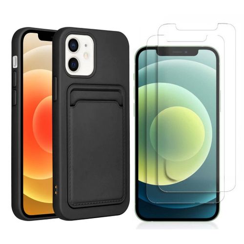 Coque Silicone Porte Carte Noir + 2 Verres Trempes Pour Iphone 12 / 12 Pro Little Boutik®
