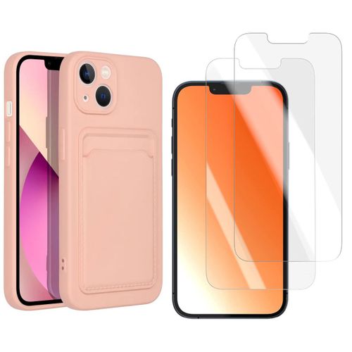 Coque Silicone Avec Porte Carte Rose + 2 Verres Trempes Pour Iphone 13 Little Boutik®
