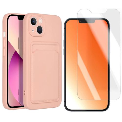 Coque Silicone Avec Porte Carte Rose + Verre Trempe Pour Iphone 13 Little Boutik®