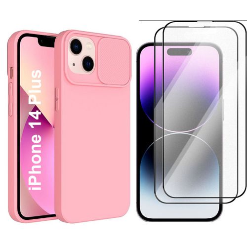 Coque Cam Slide Couleur Rose + 2 Verres Trempes Pour Iphone 14 Plus Little Boutik©