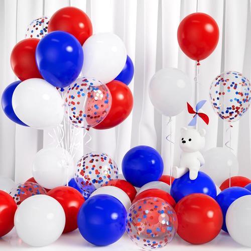 Ballons Rouge Bleu Blanc,30 Pièces Rouge et Bleu Confettis Ballon avec Ruban Garçon Homme Anniversaire Mariage Roi Couronnement Indépendance Nationale Baptême Remise Diplômes Valentin Décor