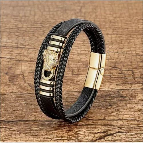 Bracelet En Cuir Tressé Homme Noir Doré Et Strass Acier Inoxydable Doré Brh 520