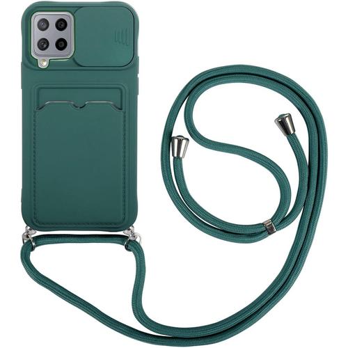 Coque Pour Samsung Galaxy A42 5g Avec 2 Pièces Protection Écran,Avec Lentille Coulissante Antidérapant Couverture, Avec Cordon Case Tpu Bumper-Vert Foncé