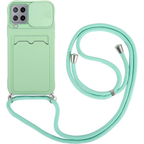 Coque Pour Samsung Galaxy A42 5g Avec 2 Pièces Protection Écran,Avec Lentille Coulissante Antidérapant Couverture, Avec Cordon Case Tpu Bumper-Vert