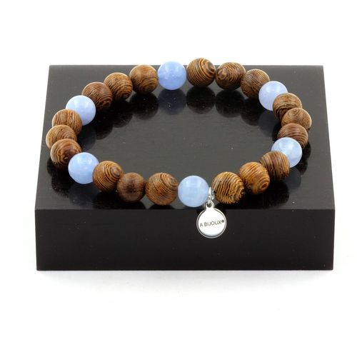 Bracelet Perles Aigue-Marine + Bois 8 Mm. Fabriqué En France.