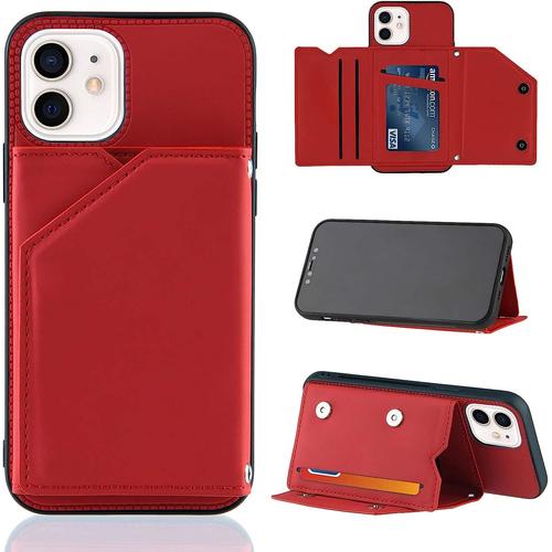 Coque Pour Cuir Etui Iphone 12/12 Pro Housse,Etui En Cuir Pu Premium Housse De Protection,[Magnétique][Porte Cartes][Stand Fonction]-Rouge