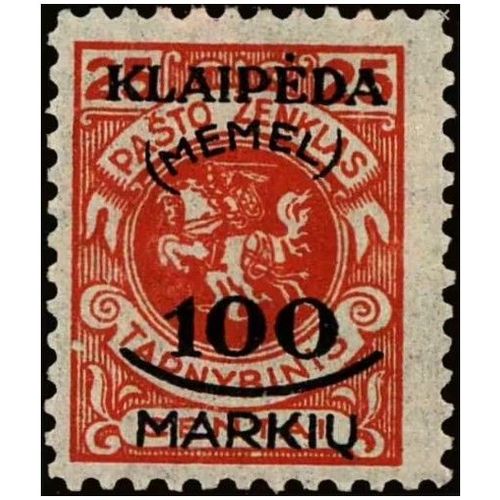 Lituanie, Enclave De Memel Sous Adm. Française 1923, Beau Timbre Neuf* Yvert 105, Armes De La Ville 25c. Rouge Avec Surcharge "Klaipeda (Memel) 100 Markiu".