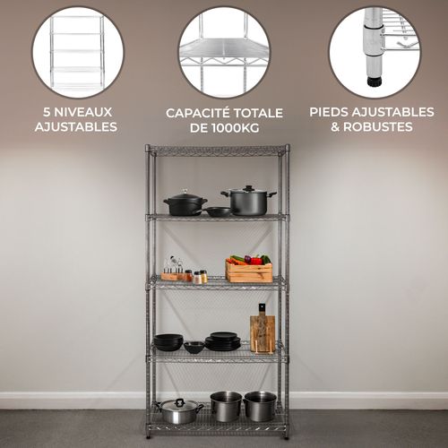 Etagère En Fil D'acier Chromé 1000kg - 35 X 90 X 180cm - Pied De Nivellement - Rangement Garage, Cuisine, Atelier, Entrepôt, Organisation Rayonnage - 5 Niveaux Ajustable - 100% Sans Boulons