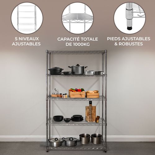 Etagère En Fil D'acier Chromé 1000kg - 45 X 120 X 180cm - Pied De Nivellement - Rangement Garage, Cuisine, Atelier, Entrepôt, Organisation Rayonnage - 5 Niveaux Ajustable - 100% Sans Boulons