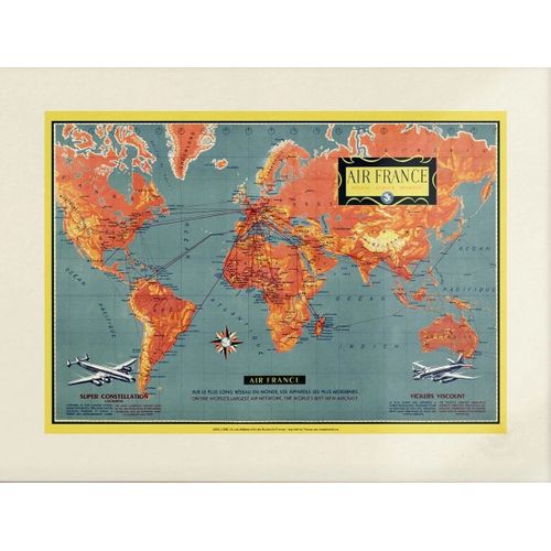 Air France - Planisphère - Les Appareils Modernes (Orange) - Oi, 1956 - 50x70cm - Affiche / Poster / Envoi Roulé