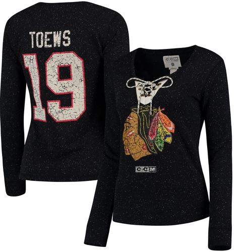T-Shirt À Manches Longues À Lacets Avec Nom Et Numéro Reebok Jonathan Toews Pour Femmes, Noir, Chicago Blackhawks Henley