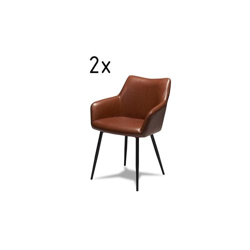 Furnhouse Moderne Scandinave Rétro Vintage Design Chaise De Salle À Manger Maria, Marron Pu Cuir, Métal Noir Pieds, Lot De 2, 56x56x81