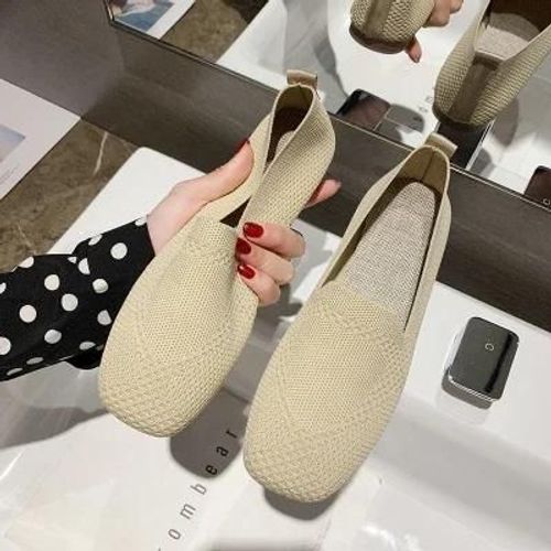 Chaussures Ballerines Carrées En Tissu Tricoté Pour Femmesmocassins Respirantschaussures D'entraînement Talon Platchaussures De Conduitegrande Tailleprintemps