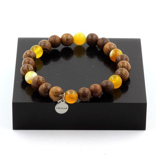 Bracelet Perles Sardonyx Jaune + Bois 8 Mm. Fabriqué En France.