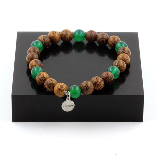 Bracelet Perles Agate Verte + Bois 8 Mm. Fabriqué En France.