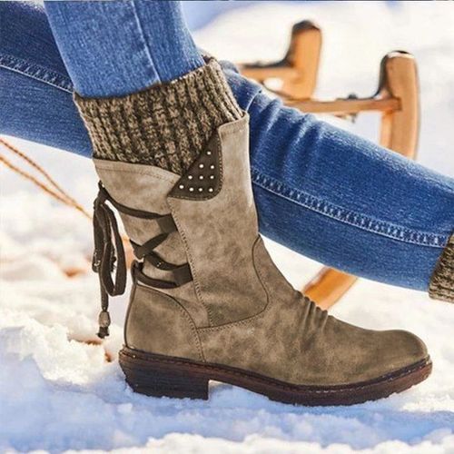 Bottines En Cuir Pu Pour Femmes, Bottines Mi Mollet Rétro Mode, Chaussures Chaudes Décontractées À Talons Bas, Chaussures D'hiver Pour Femmes D88