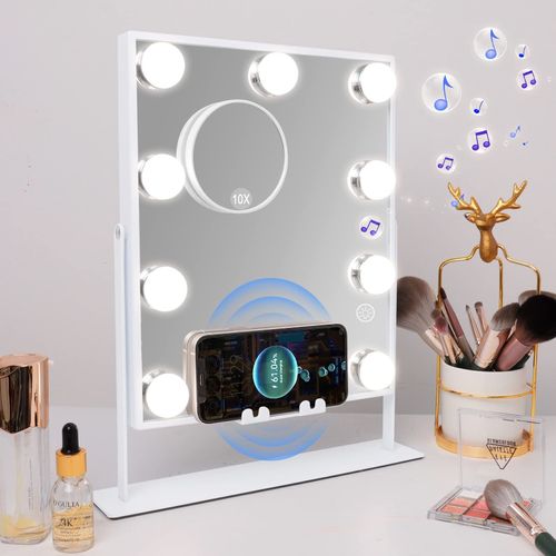 Fenchilin Bluetooth Hollywood maquillage miroir avec lampe rechargeable sans fil Bureau métal blanc