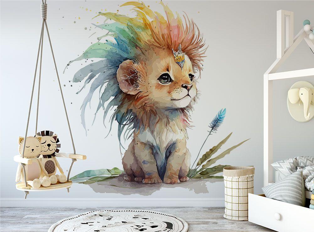 Papier peint enfant panoramique Lion en voiture