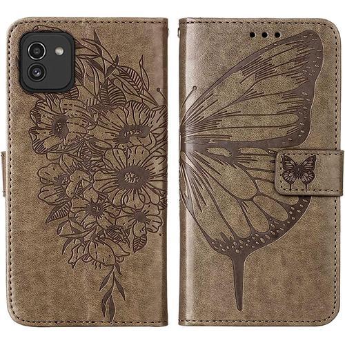 Housse Coque Pour Samsung Galaxy A03, Etui Pour Galaxy A03 Etui Housse En Cuir, Portefeuille Avec Fentes Pour Cartes Silicone Souple Housse Pour Samsung Galaxy A03, Papillon Gris