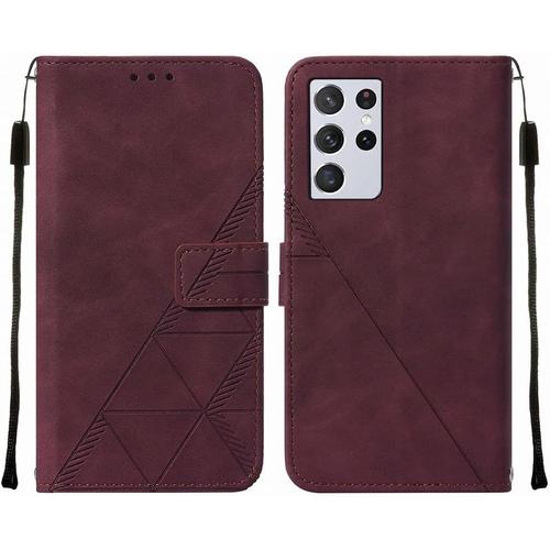 Housse Coque Pour Samsung Galaxy S21 Ultra 5g Etui En Cuir Housse Portefeuille Avec Fentes Pour Cartes Magnétique Protecteur Silicone Souple Cover Pour Galaxy S21 Ultra, Style D'affaires Vin Rouge