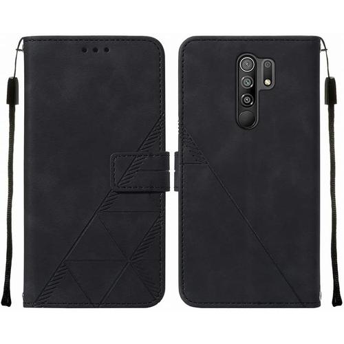 Housse Coque Pour Xiaomi Redmi 9 Etui En Cuir Housse Portefeuille Avec Fentes Pour Cartes Et Magnétique Protecteur Silicone Souple Cover Pour Redmi 9, Style D'affaires Noir