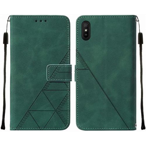 Housse Coque Pour Xiaomi Redmi 9a Etui En Cuir Housse Portefeuille Avec Fentes Pour Cartes Et Magnétique Protecteur Silicone Souple Cover Pour Redmi 9a, Style D'affaires Vert