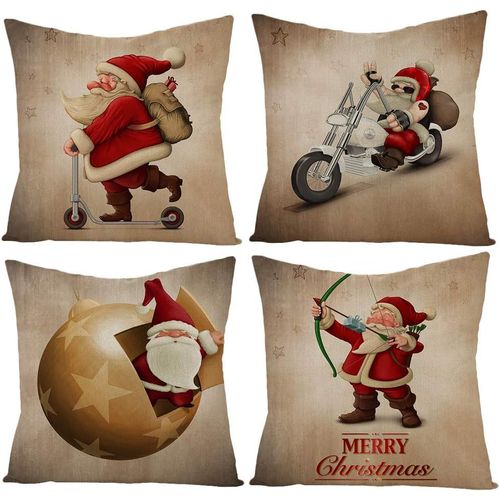 Housses De Coussin Joyeux Noël - Aucune - Lot De 4 En Coton Et Lin Taie D'oreiller L'hiver Père Noël Décor Pour Canapé 45 X 45 Cm