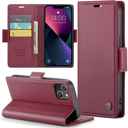 Coque Pour Iphone 14 Plus Etui Protection Housse Premium En Cuir Pu Pochette Fermeture Magnétique Flip Case, Rouge