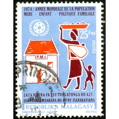 Timbre Oblitéré Repoblika Malagasy, 1974 Année Mondiale De La Population Mère Enfant Politique Familiale, 25 Fmg, Postes
