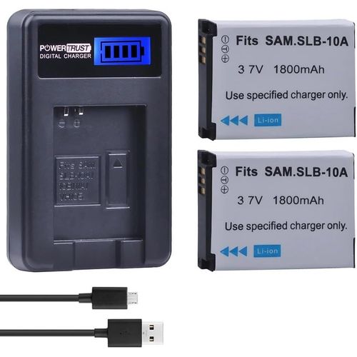 Lot de 2 batteries SLB-10A et chargeur pour Samsung EX2F, ES55, ES60, WB200F, WB250F, WB280F, WB350F, WB500, WB550, WB700, WB750, WB800F, WB1100F, NV9, L100, L100. 110 mm. 310 W