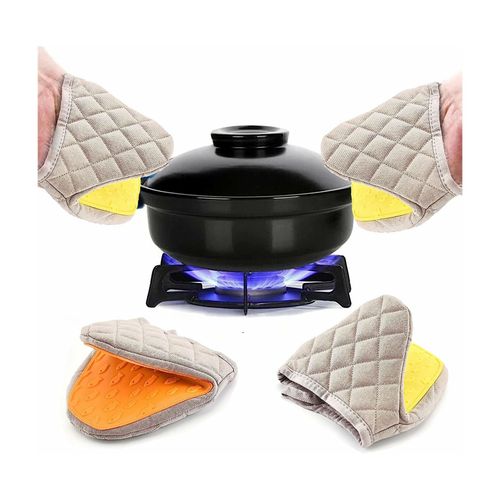 Lot de 2 mini gants de cuisine antiderapants en silicone resistant a la chaleur (noir + orange) avec boucle de suspension pour micro-ondes et four, support de casserole avec poignees de pincement