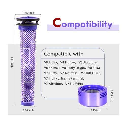 Lot de 2 pieces de rechange pour kit de filtres pre-post Dyson V7 V8