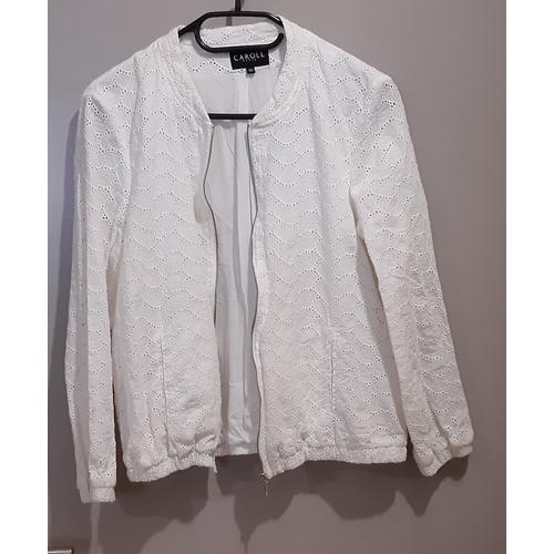 Blazer Femme Blanc Doublé Dentelle 100% Coton - Court Zippé - Manches Longues - T.40 - Marque Caroll