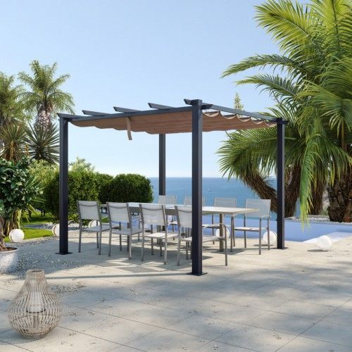 Pergola Aluminium Ohio - 3x3m - Toile Coulissante Rétractable - Gris/Taupe Avril Paris