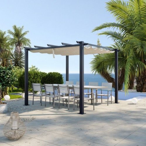 Pergola Aluminium Ohio - 3x3m - Toile Coulissante Rétractable - Gris/Écru Avril Paris