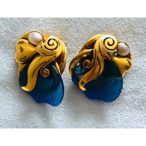 Clips D'oreille Vintage Taratata Paris Plaqué Or Résine Dépoli.