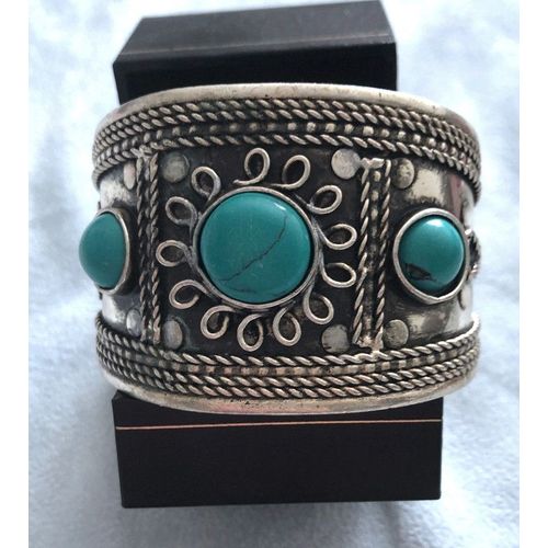 Bracelet Manchette Argenté Vieilli Et Turquoises Pierres Semi Précieuses