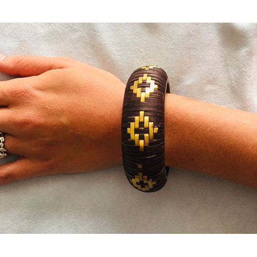 Bracelet Années 80 Paille Marron Et Cuivre, Fait Main Vintage Style Boho