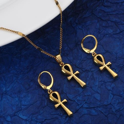 Ensemble De Bijoux Vintage En Forme De Croix Égyptienne, Collier Et Boucles D'oreilles Avec Pendentif En Croix Ankh, La Clé Du Nitrile, Couleur Or