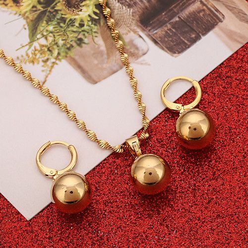 Ensemble De Bijoux Africains En Perles D'or Jaune, Pour Femmes Et Filles, Boule Ronde, Boucles D'oreilles Brillantes, Collier