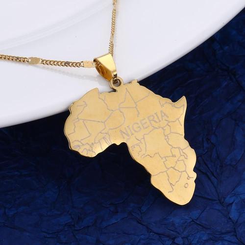 Carte D'afrique En Acier Inoxydable, Avec Colliers Et Pendentifs Nigérians, Bijoux, À La Mode