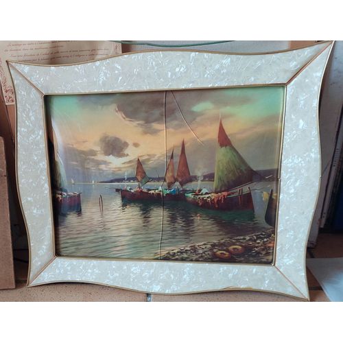 TABLEAU CADRE PLASTIQUE STYLE ANNEES 1960 / BATEAUX DE PECHE VOILIERS / FORMAT 405 X 380