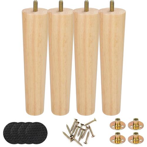 4 Pièce Pieds De Meubles En Bois, 20 Cm Pied Meuble Bois, Pied De Table Bois Avec Plaque De Montage, Vis Et Tapis Antidérapant Pieds Pour Lit, Meubles, Canapé