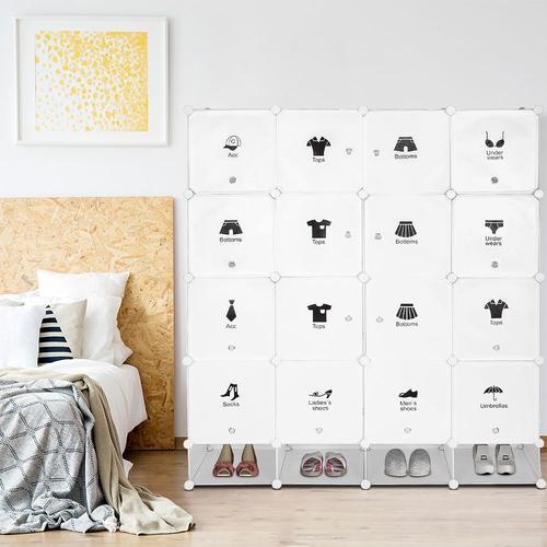 Armoire Penderie Grande Capacité Cube Multi-Rangements, Meuble À Chaussures, 16 Cubes + 4 Étagères, 147 X 36 X 165 Cm, Blanc.