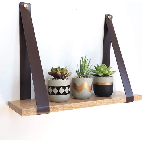 Étagère Murale En Bois | Étagère Flottante | Faux Cuir Brun Et Chêne Massif | Décoration Murale En Bois | Étagère Suspendue Décorative | 50 X 15 X 2 Cm