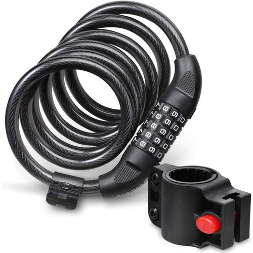 Câble Antivol Pour Vélo (1,82m), Combinaison À Code 5 Chiffres Réinitialisables, Câble De Sécurité En Acier Flexible Avec Support De Montage Sur Cadre De Vélo - Chaine Anti-Vol - Noir