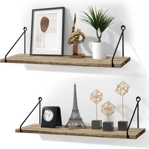 Étagère Murale En Bois Étagères Suspendues Cuisine Fer Forgé Pratique Étagères Décoratives En Bois Pour Le Salon Chambre Lot De 2